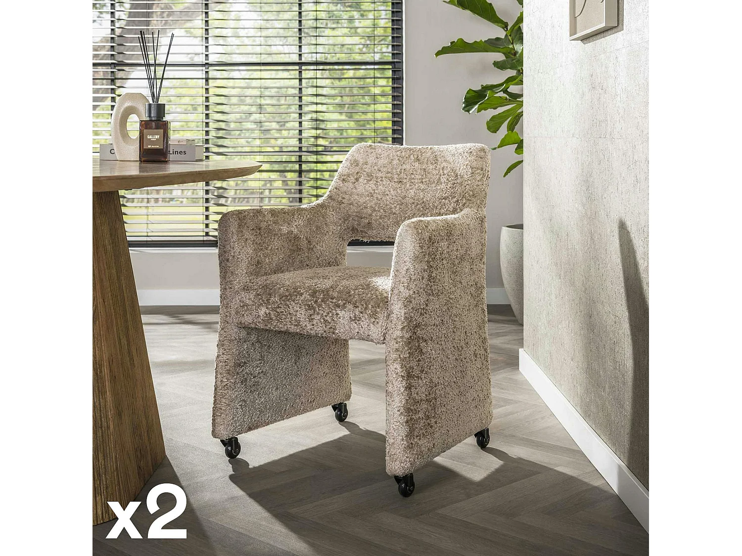 Fauteuil confortable à roulettes tissu cosy beige (x2) CREEK