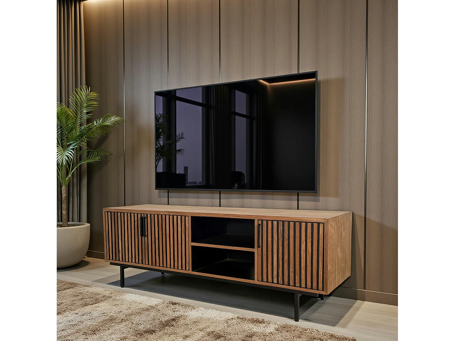 Meuble TV 3 portes 2 niches teck recyclé FANO