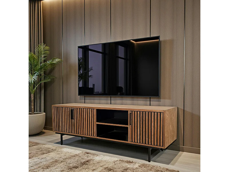 Meuble TV 3 portes 2 niches teck recyclé FANO