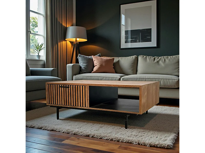 Table basse design teck recyclé 2 tiroirs FANO