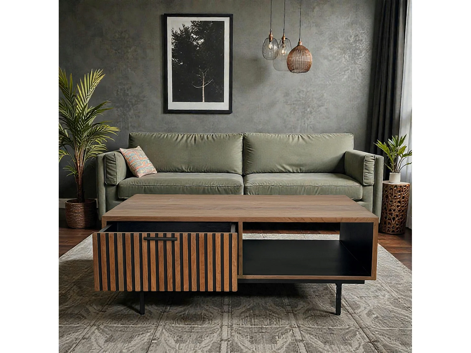 Table basse design teck recyclé 2 tiroirs FANO