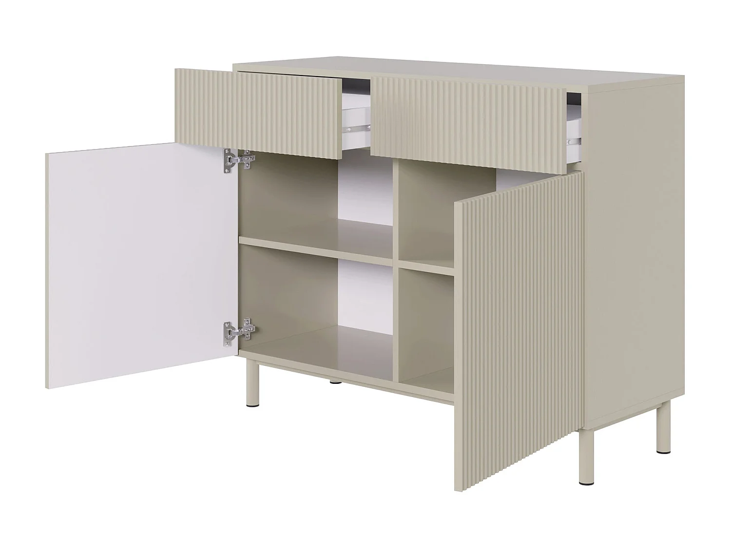 Sideboard zweitürig mit Rillenfront und 2 Schubladen – Greige – 100 cm – VELDIO NEW