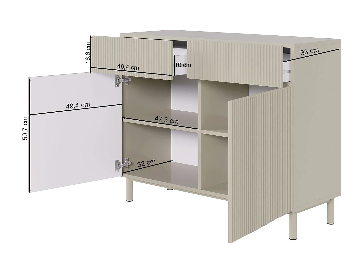 Buffet 2 portes 2 tiroirs avec façade à rainures – 100 cm – greige – Veldio New