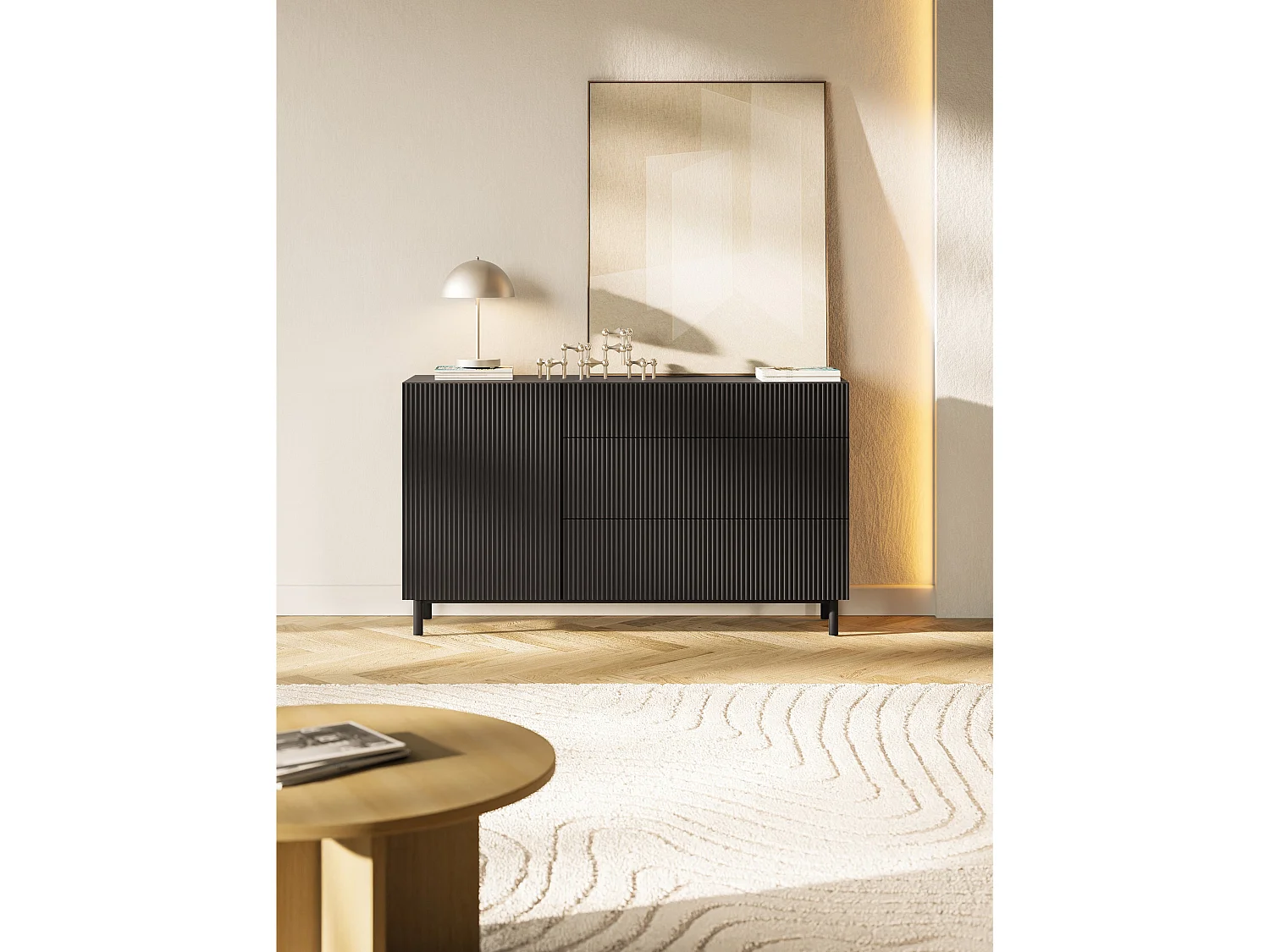Sideboard eintürig mit Rillenfront und 3 Schubladen – Schwarz – 140 cm – VELDIO NEW