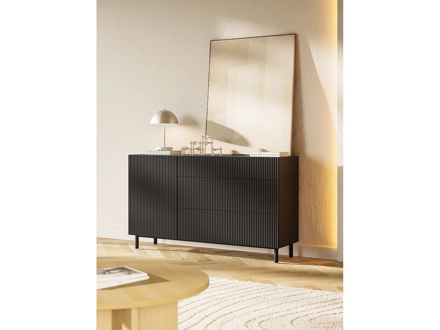 Buffet 1 porte 3 tiroirs avec façade à rainures – 140 cm – noir – Veldio New