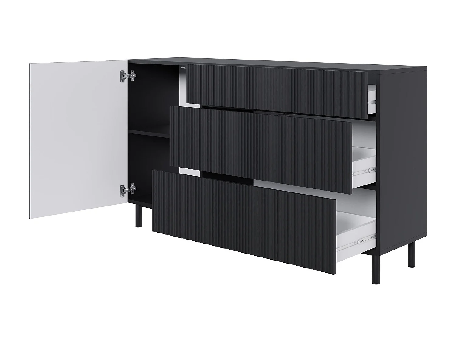 Buffet 1 porte 3 tiroirs avec façade à rainures – 140 cm – noir – Veldio New