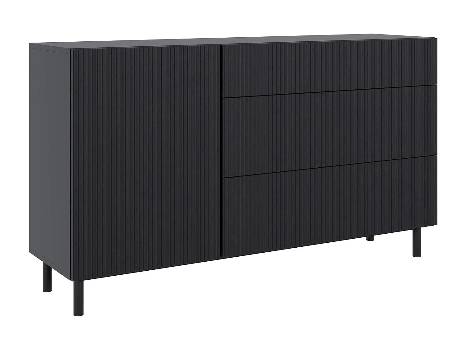 Buffet 1 porte 3 tiroirs avec façade à rainures – 140 cm – noir – Veldio New