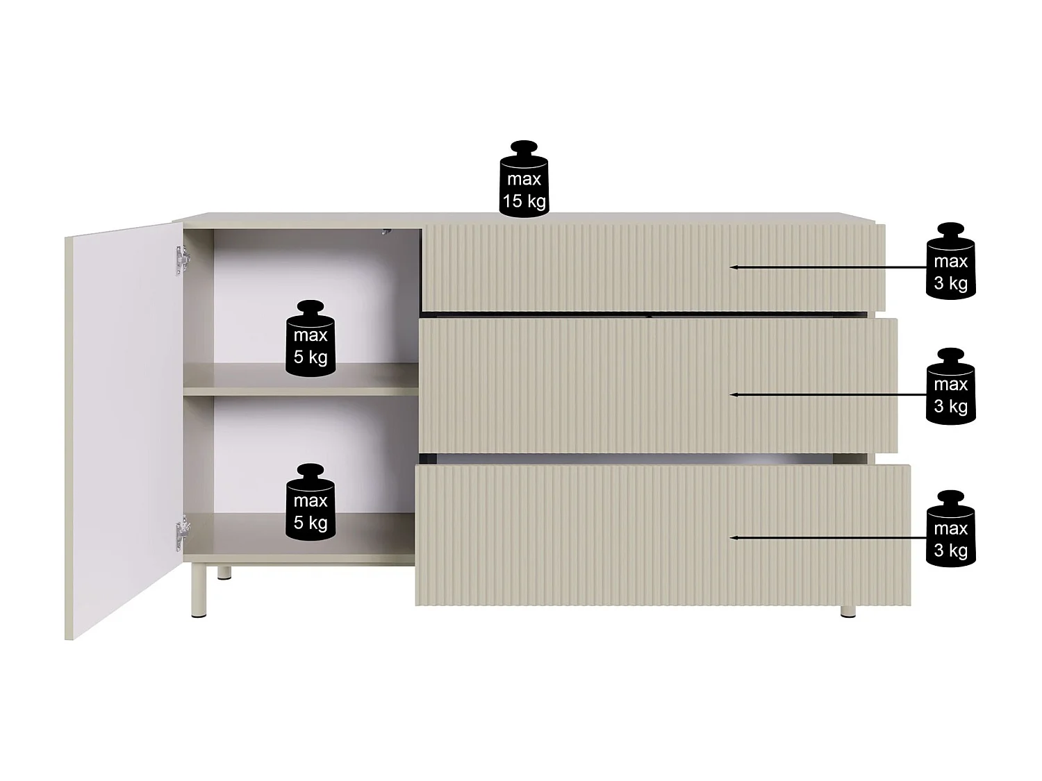 Buffet 1 porte 3 tiroirs avec façade à rainures – 140 cm – noir – Veldio New