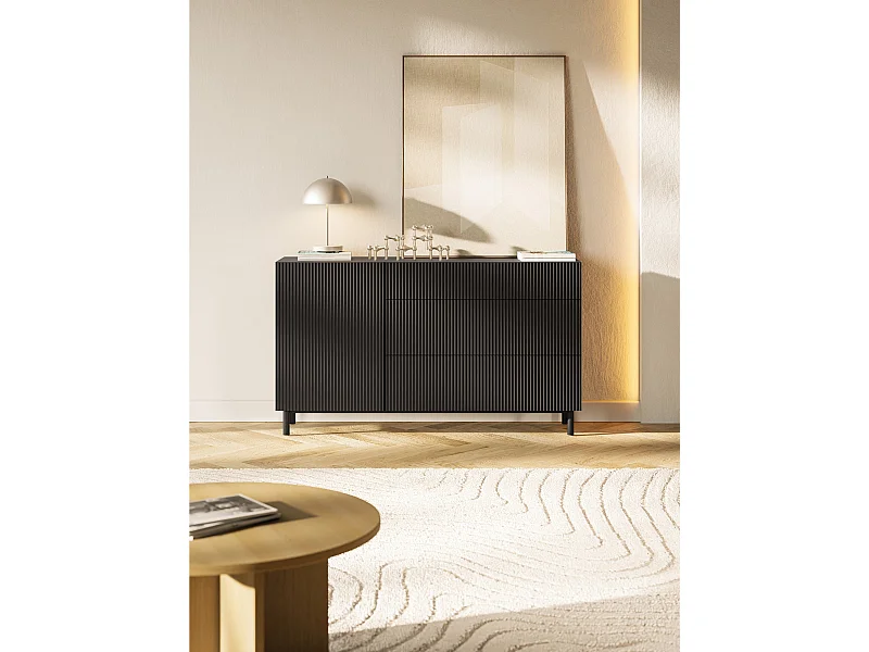 Sideboard eintürig mit Rillenfront und 3 Schubladen – Schwarz – 140 cm – VELDIO NEW