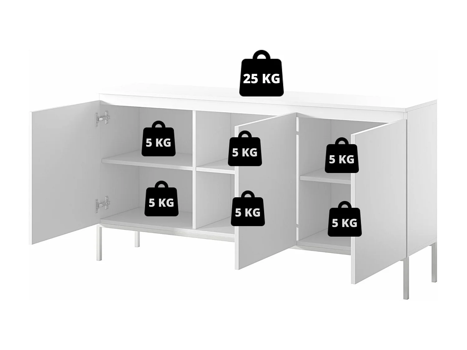 Commode à trois portes 150 cm – blanc, pieds dorés – BEMMI