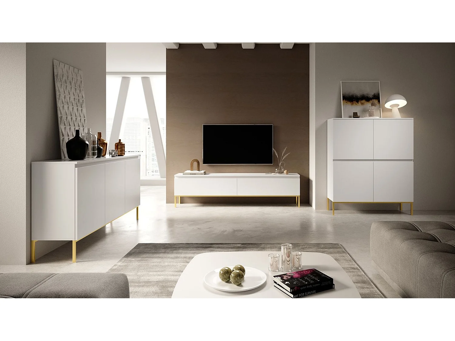 Commode à trois portes 150 cm – blanc, pieds dorés – BEMMI