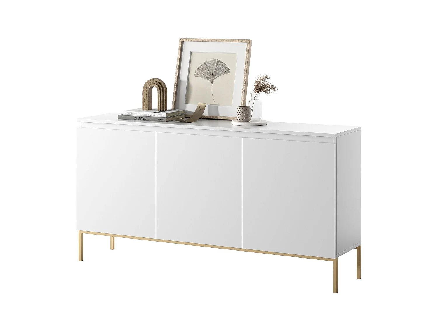 Commode à trois portes 150 cm – blanc, pieds dorés – BEMMI