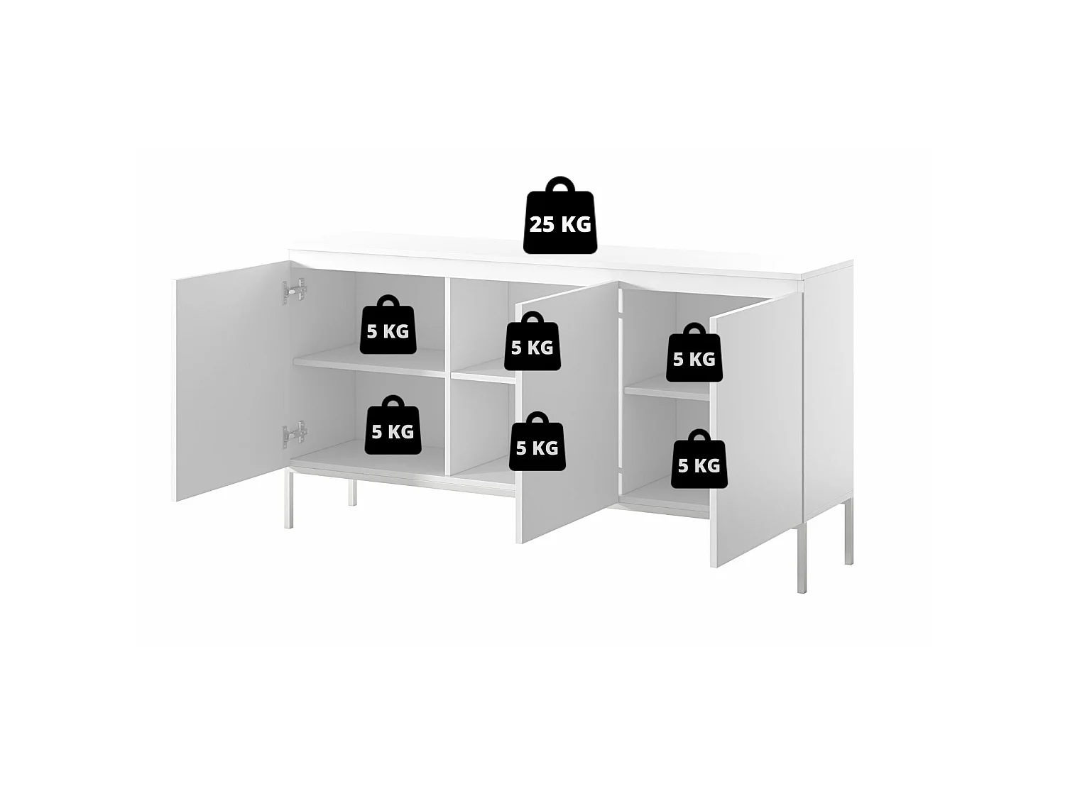 Commode à trois portes 150 cm – blanc, pieds dorés – BEMMI