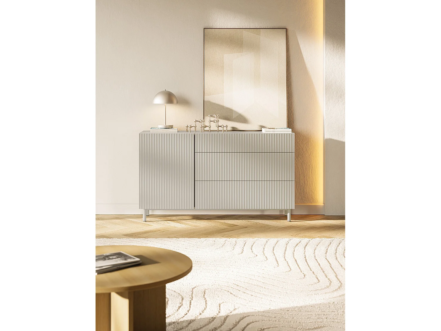 Sideboard eintürig mit Rillenfront und 3 Schubladen – Greige – 140 cm – VELDIO NEW