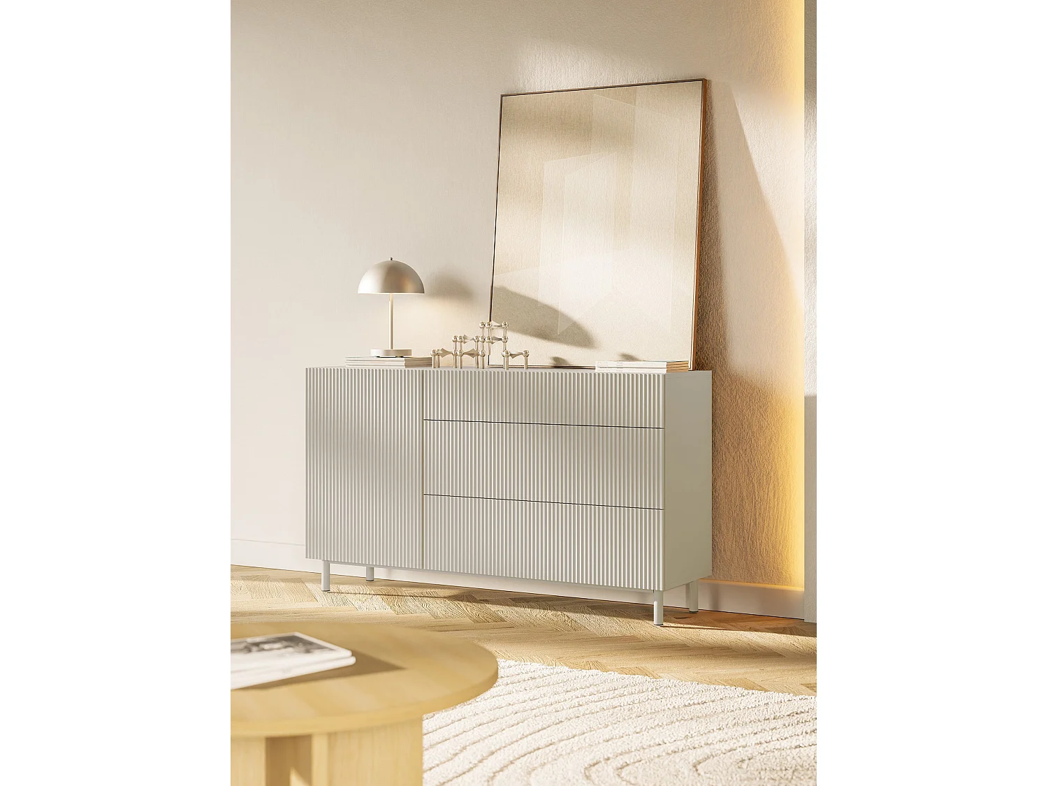 Sideboard eintürig mit Rillenfront und 3 Schubladen – Greige – 140 cm – VELDIO NEW