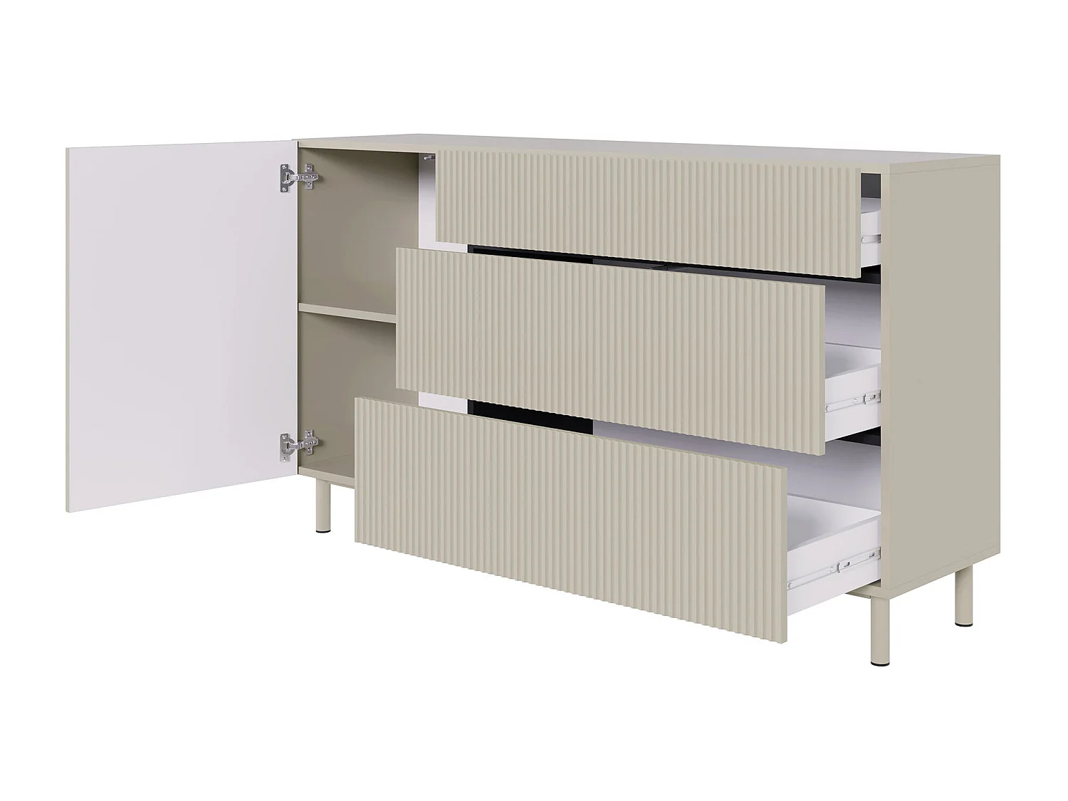 Sideboard eintürig mit Rillenfront und 3 Schubladen – Greige – 140 cm – VELDIO NEW