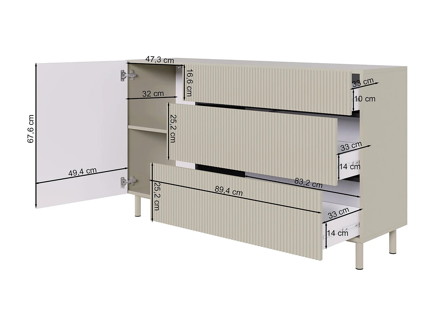 Sideboard eintürig mit Rillenfront und 3 Schubladen – Greige – 140 cm – VELDIO NEW