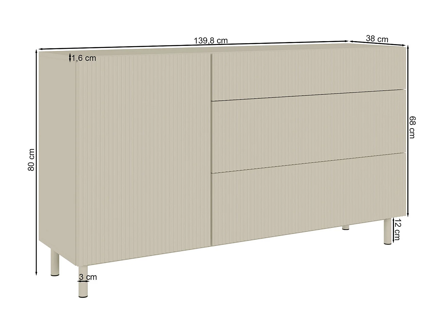 Buffet 1 porte 3 tiroirs avec façade à rainures – 140 cm – greige – Veldio New