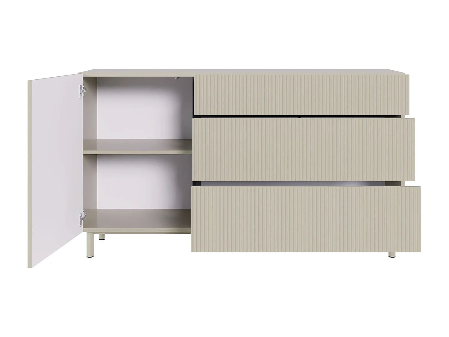 Buffet 1 porte 3 tiroirs avec façade à rainures – 140 cm – greige – Veldio New