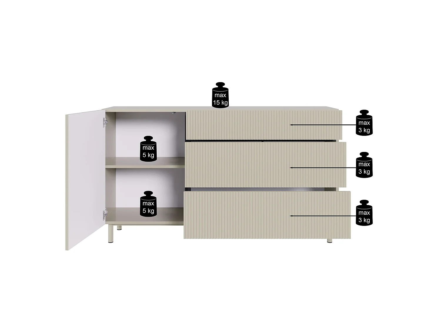 Buffet 1 porte 3 tiroirs avec façade à rainures – 140 cm – greige – Veldio New