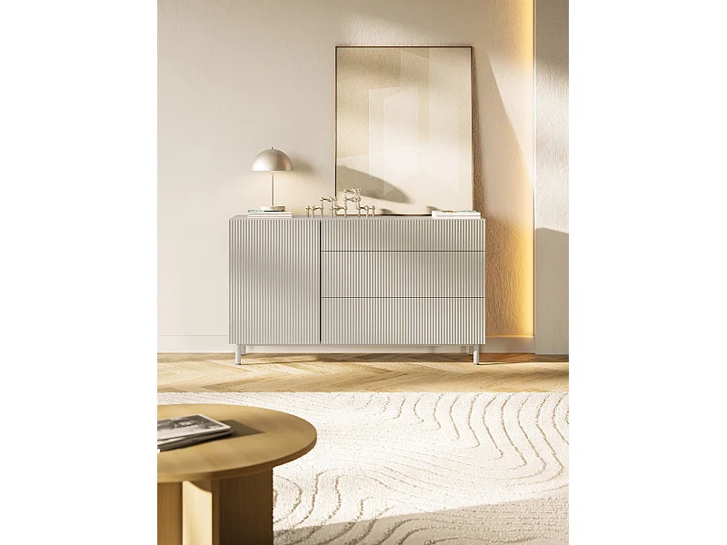 Sideboard eintürig mit Rillenfront und 3 Schubladen – Greige – 140 cm – VELDIO NEW