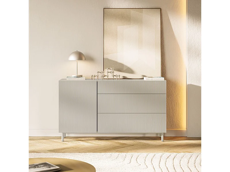 Credenza a 1 anta con frontale a doghe e 3 cassetti – Greige – 140 cm – VELDIO NEW