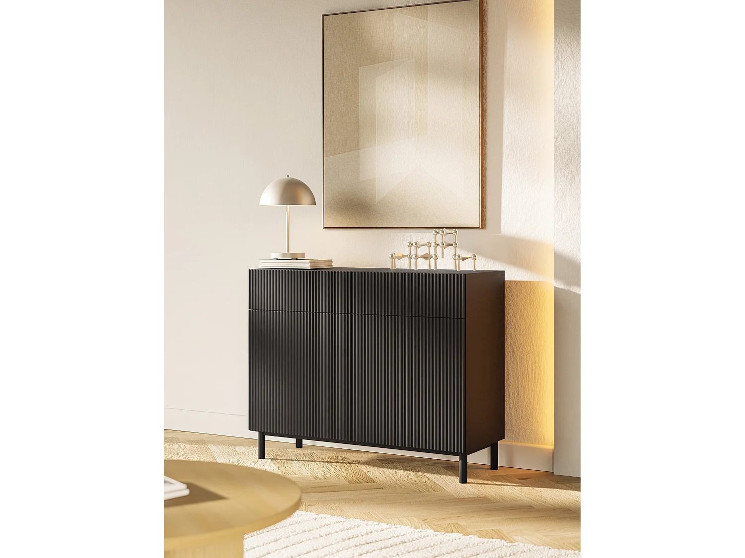 Sideboard zweitürig mit Rillenfront und 2 Schubladen – Schwarz – 100 cm – VELDIO NEW