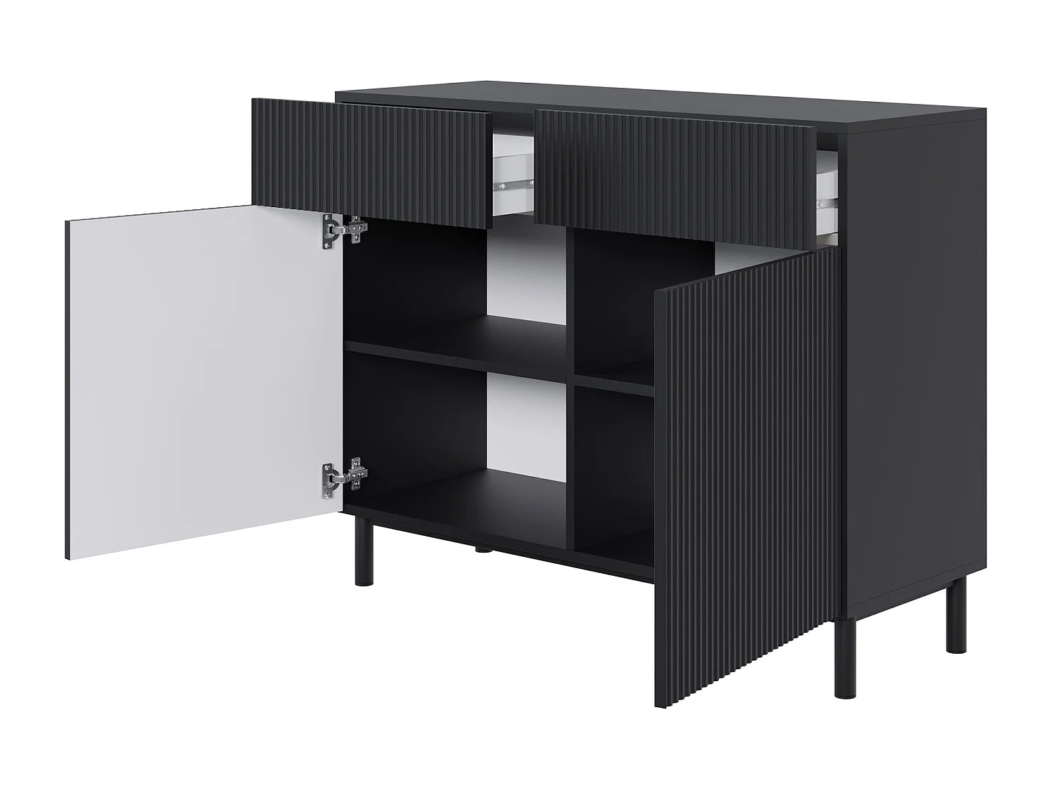 Sideboard zweitürig mit Rillenfront und 2 Schubladen – Schwarz – 100 cm – VELDIO NEW