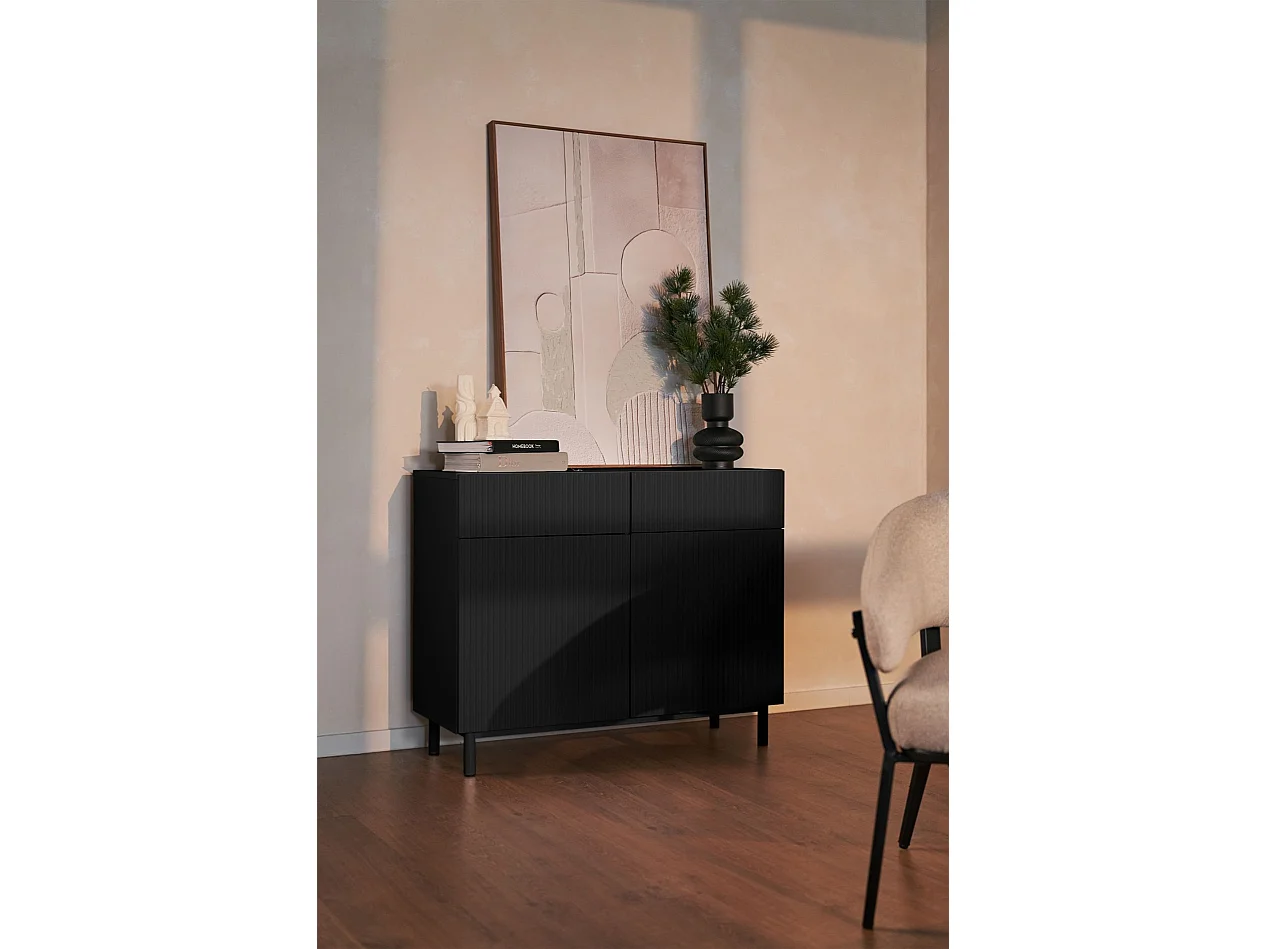 Buffet 2 portes 2 tiroirs avec façade à rainures – 100 cm – noir – Veldio New