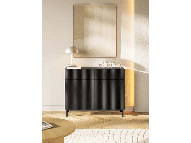 Sideboard zweitürig mit Rillenfront und 2 Schubladen – Schwarz – 100 cm – VELDIO NEW