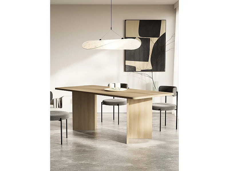 Table à manger rectangulaire – aspect Chêne – bords arrondis, piètement plein – 204x90 cm – QUBEO