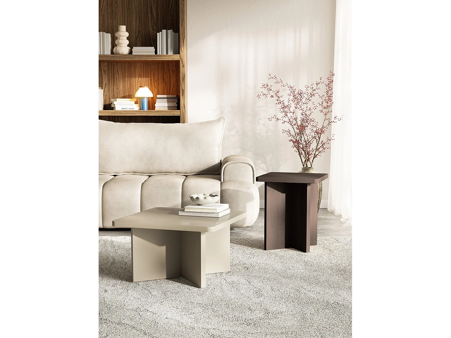 Salontafel 42 cm – vierkant met kruisframe – essenlook bruin – QUBEO