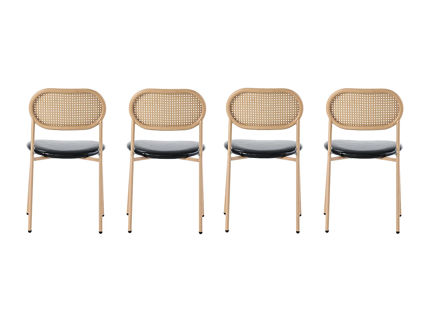 Set di 4 sedie con seduta in PU e gambe in metallo, schienali in rattan naturale – nero e marrone