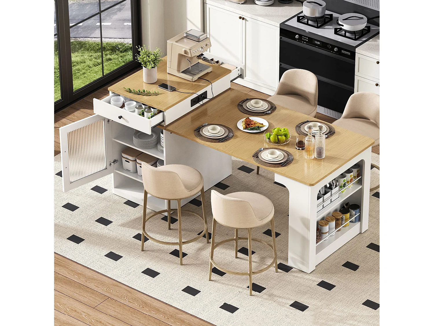 Uitschuifbare witte eettafel – Tafel met 1 deur en 2 lades – met stopcontact en wielen