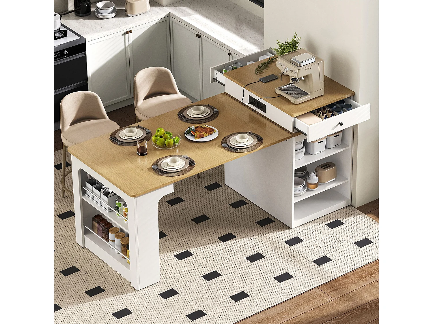 Uitschuifbare witte eettafel – Tafel met 1 deur en 2 lades – met stopcontact en wielen