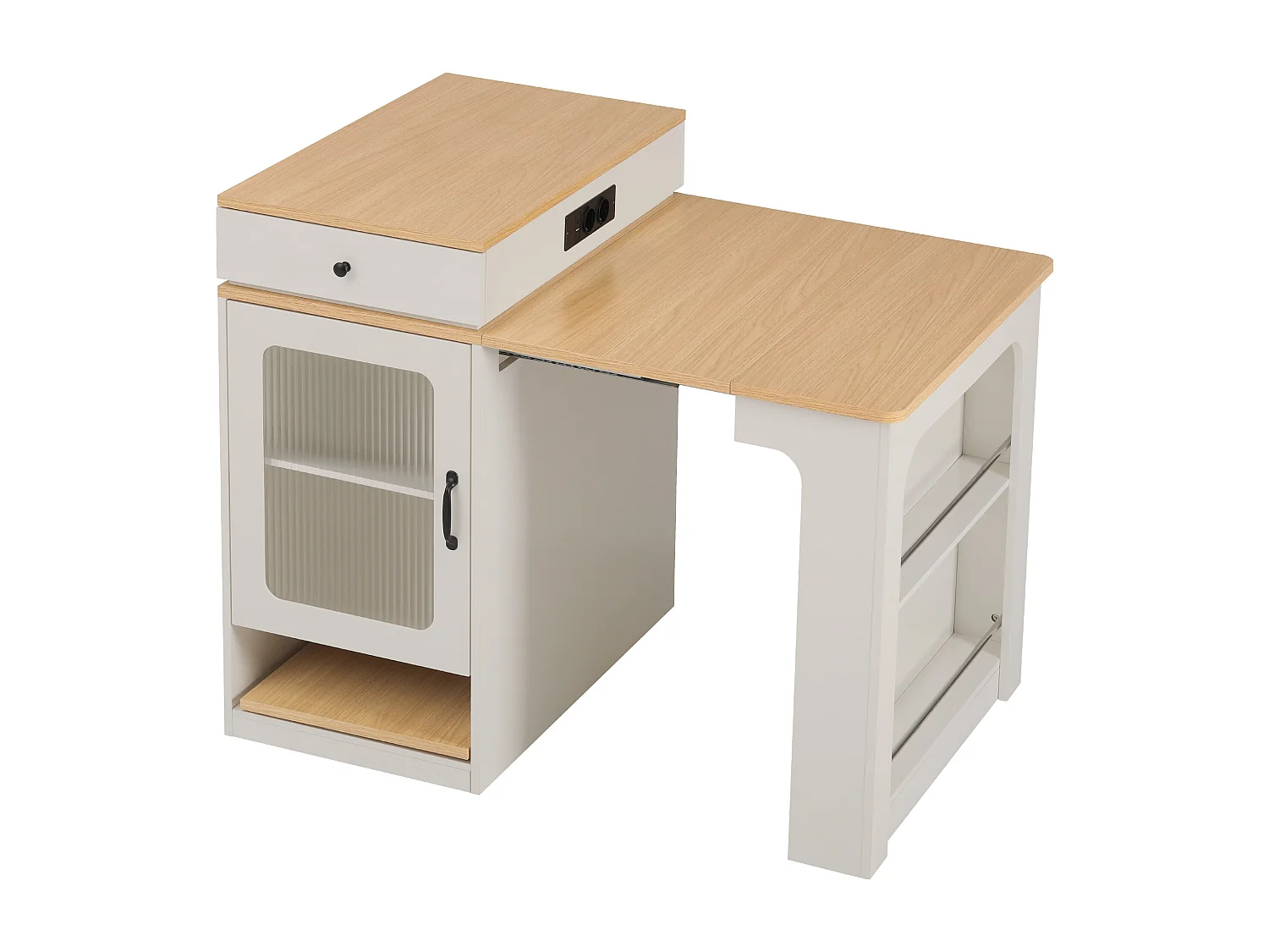 Uitschuifbare witte eettafel – Tafel met 1 deur en 2 lades – met stopcontact en wielen