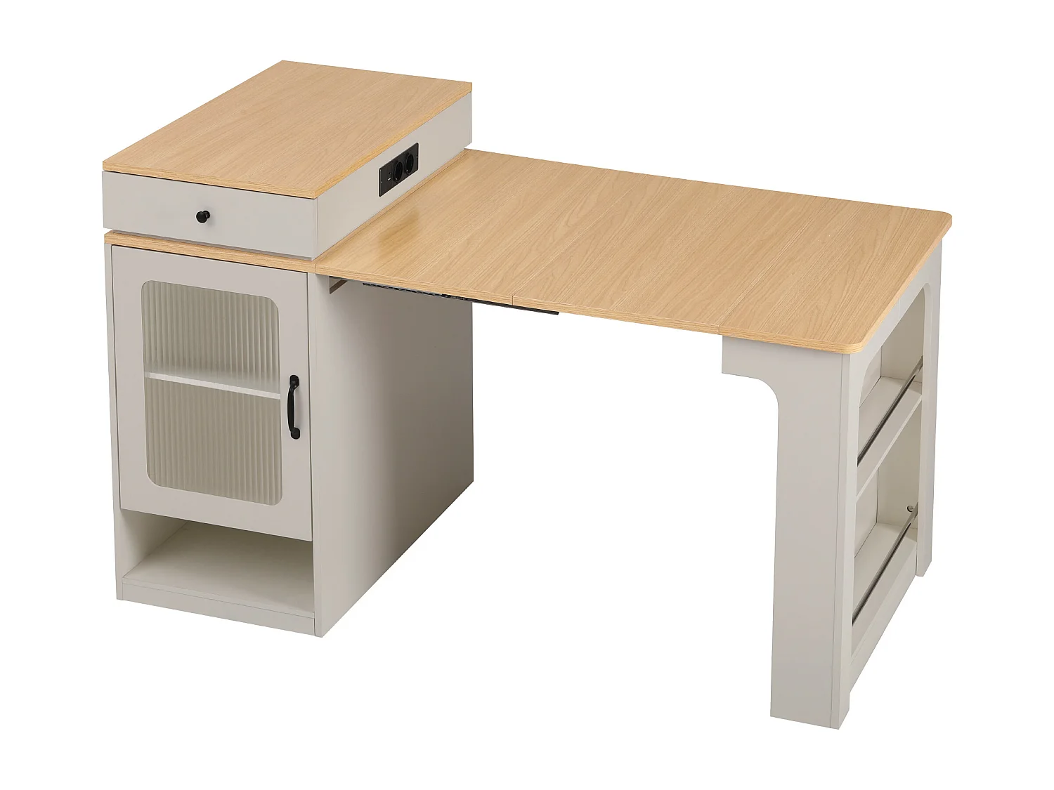 Uitschuifbare witte eettafel – Tafel met 1 deur en 2 lades – met stopcontact en wielen