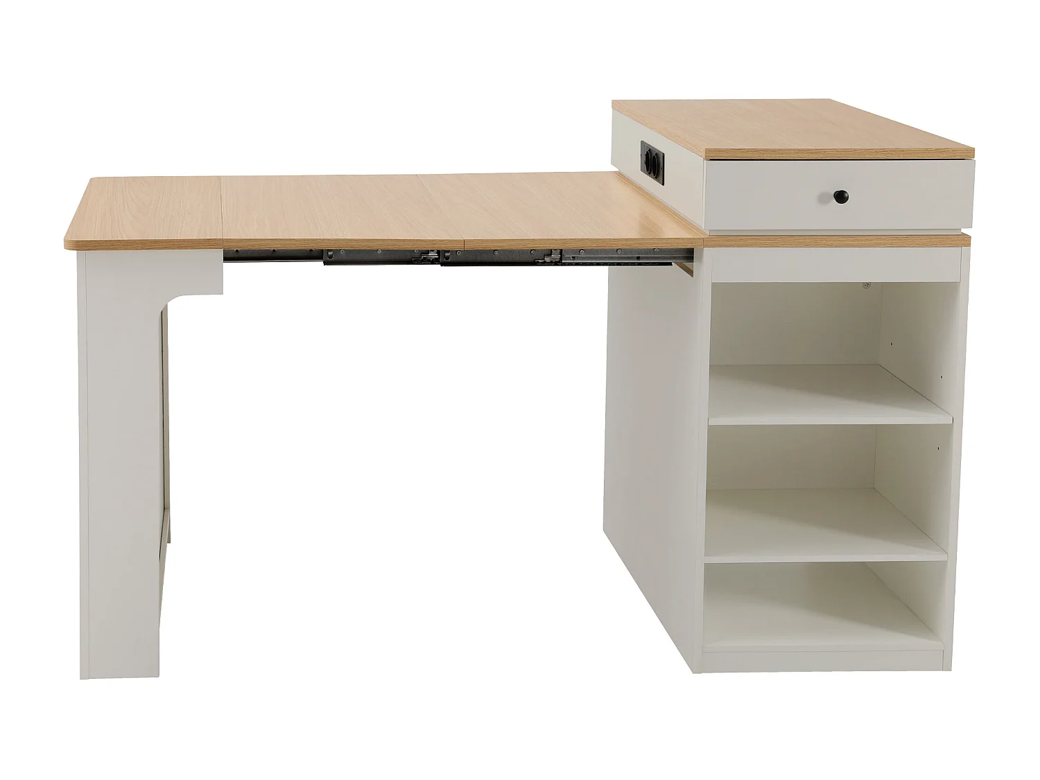 Uitschuifbare witte eettafel – Tafel met 1 deur en 2 lades – met stopcontact en wielen