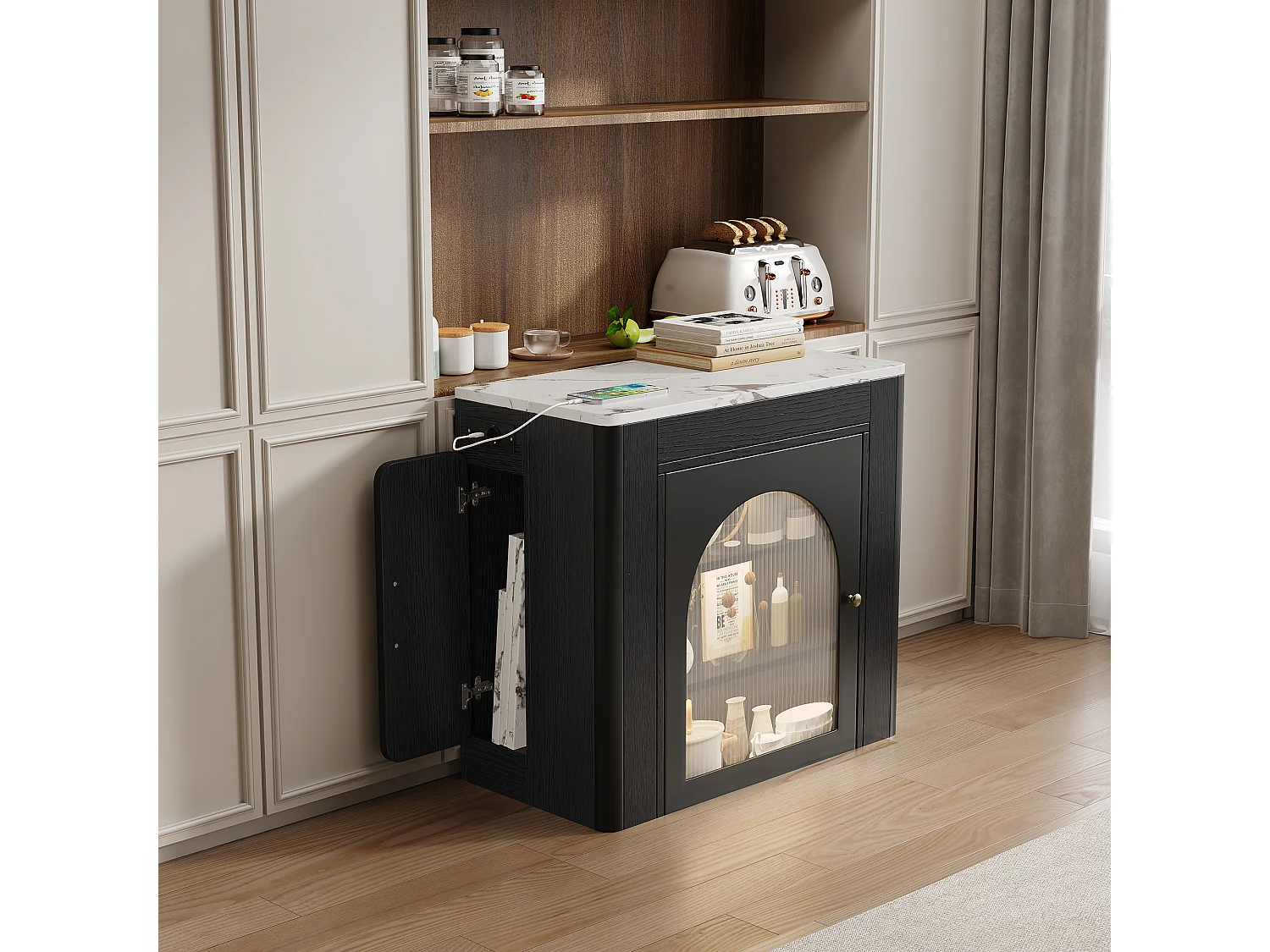 Mesa de comedor extensible negra – mesa de 3 puertas y 3 estantes – con toma de corriente y ruedas