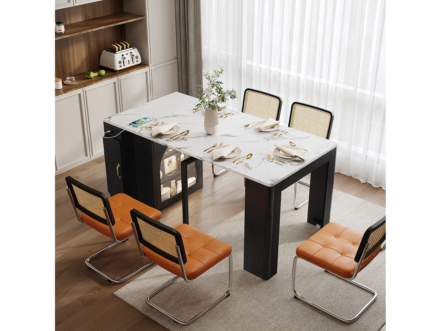 Mesa de comedor extensible negra – mesa de 3 puertas y 3 estantes – con toma de corriente y ruedas