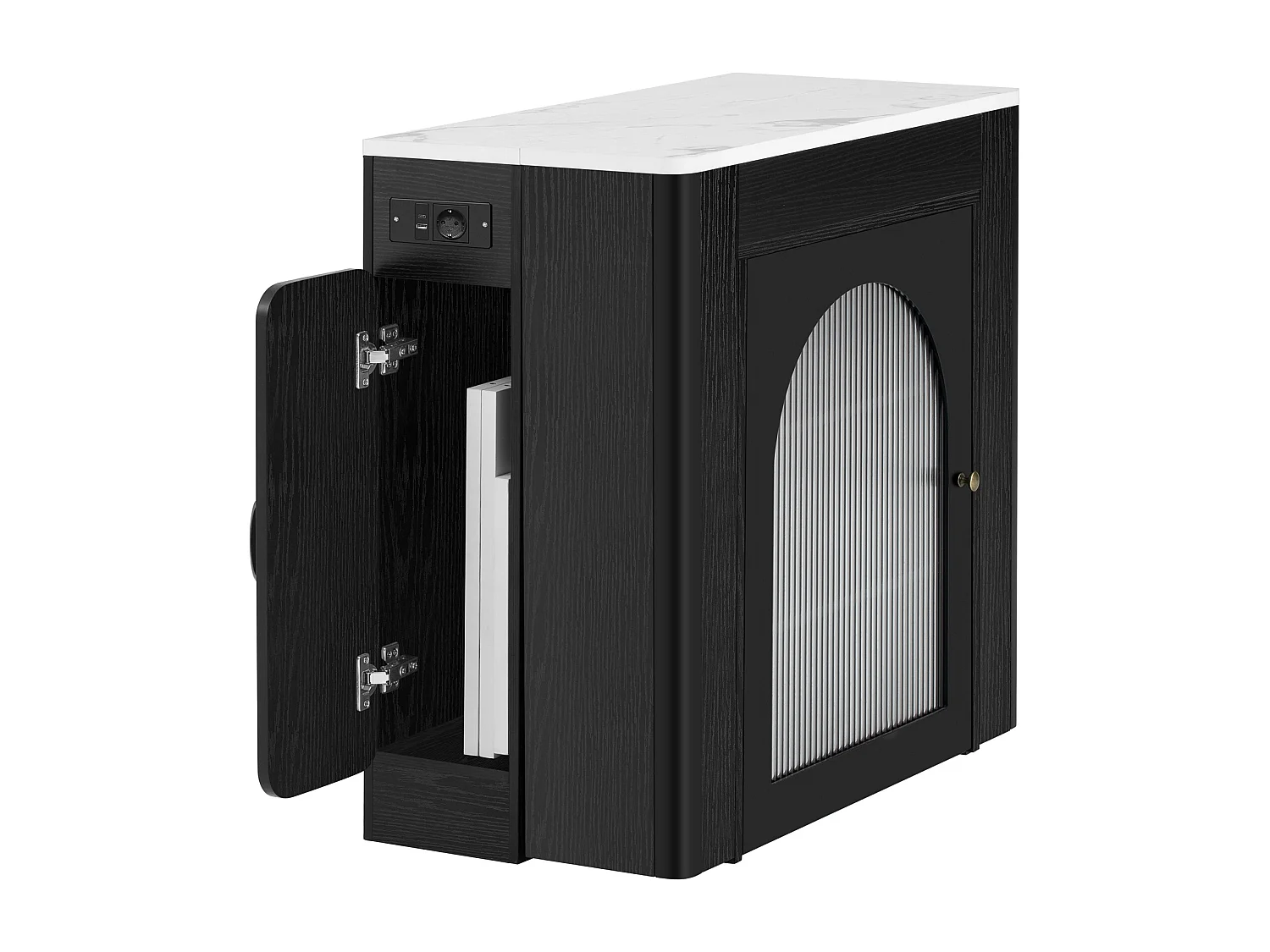 Mesa de comedor extensible negra – mesa de 3 puertas y 3 estantes – con toma de corriente y ruedas