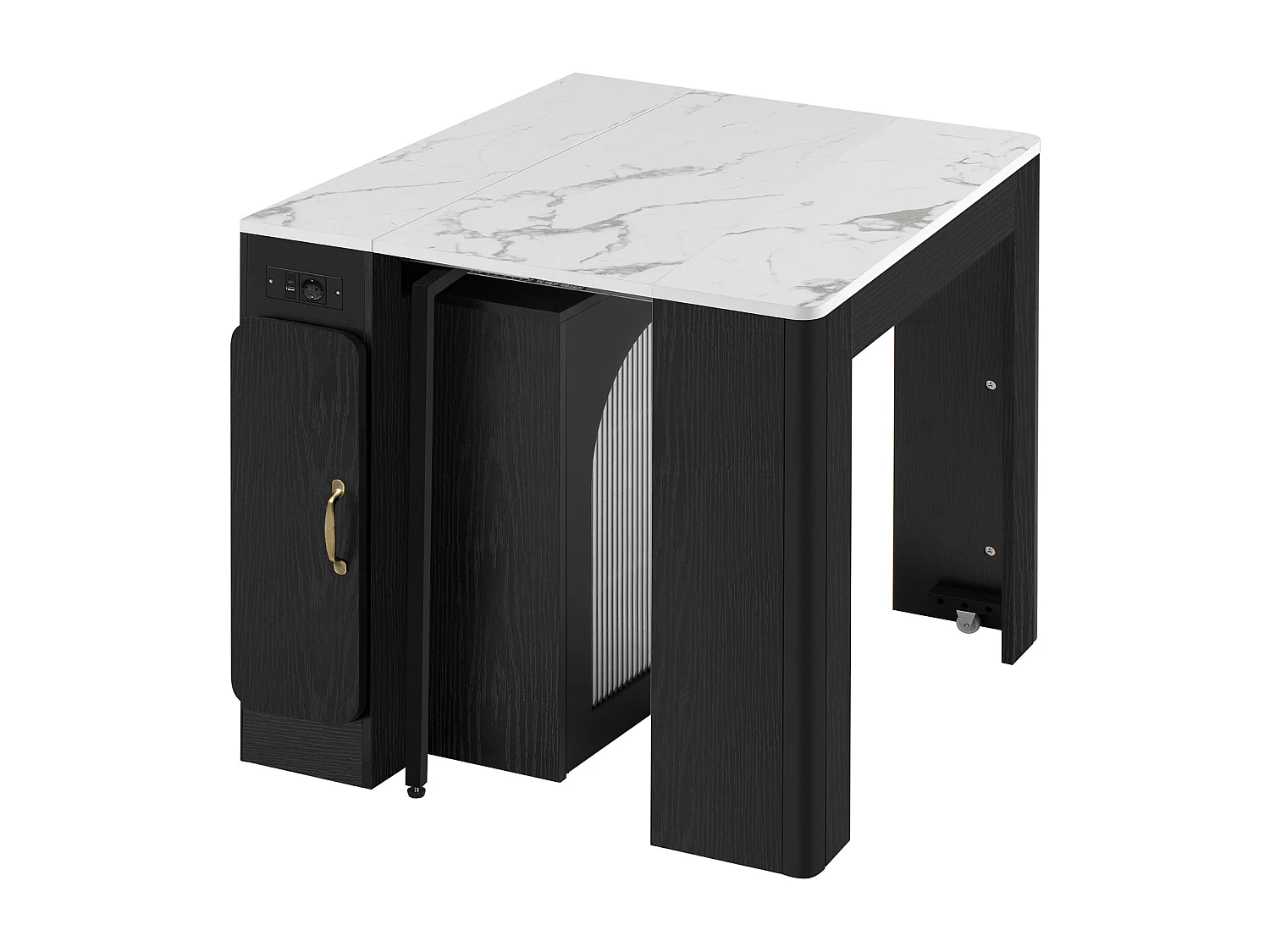 Mesa de comedor extensible negra – mesa de 3 puertas y 3 estantes – con toma de corriente y ruedas