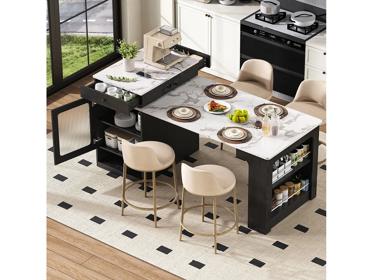 Table à manger extensible noir – Table avec 1 porte et 2 tiroirs – avec prise électrique et roulettes