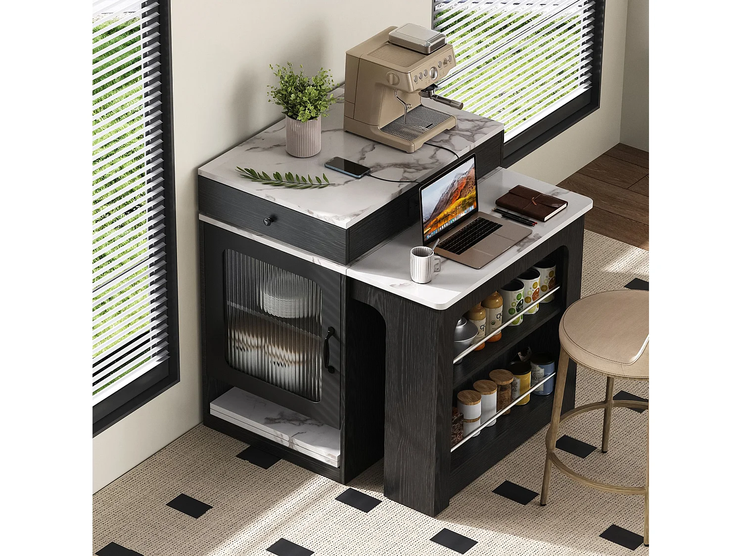 Table à manger extensible noir – Table avec 1 porte et 2 tiroirs – avec prise électrique et roulettes