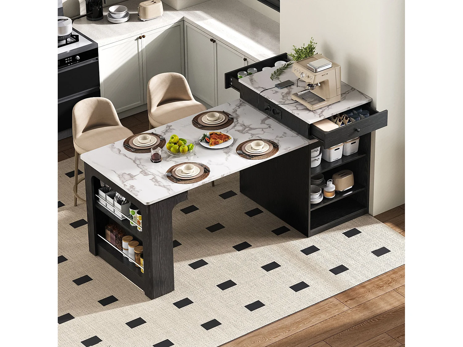 Table à manger extensible noir – Table avec 1 porte et 2 tiroirs – avec prise électrique et roulettes