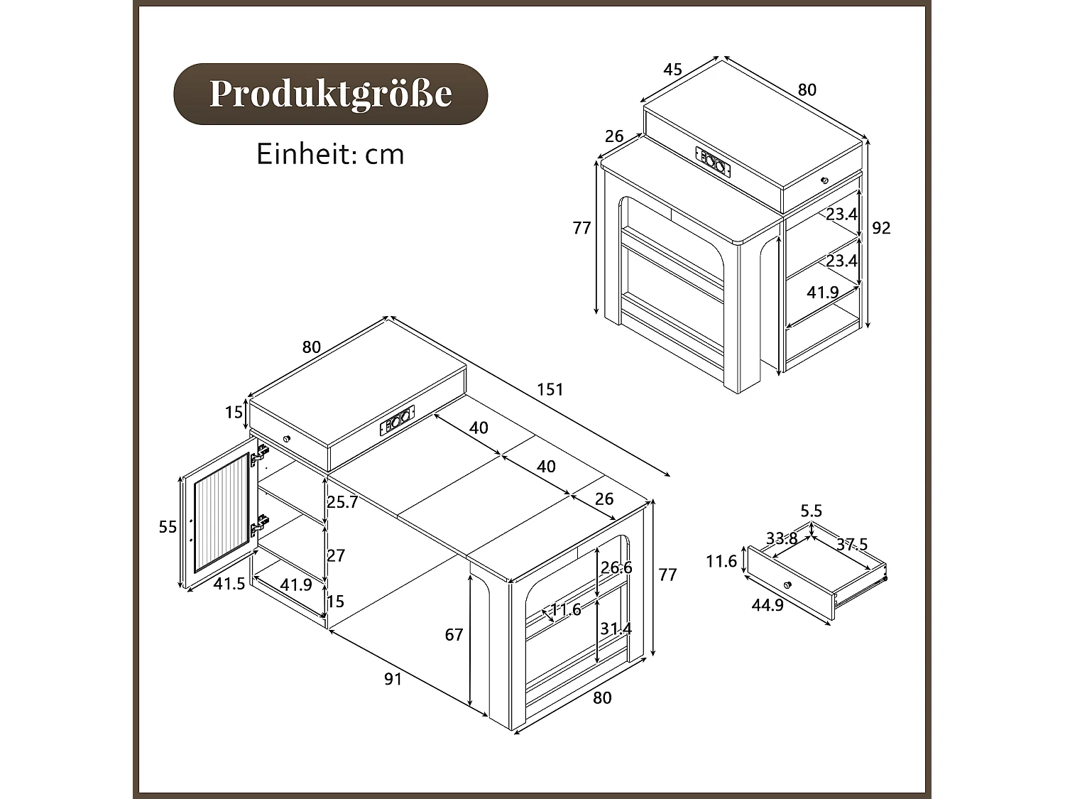 Table à manger extensible noir – Table avec 1 porte et 2 tiroirs – avec prise électrique et roulettes