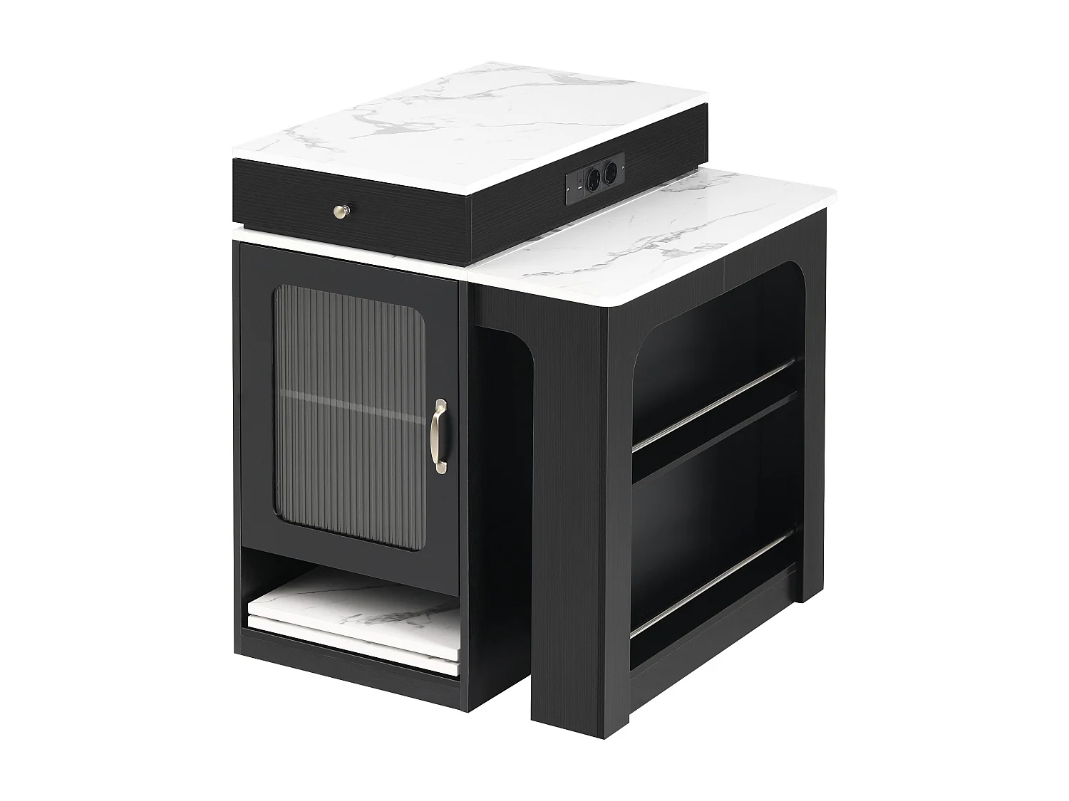 Table à manger extensible noir – Table avec 1 porte et 2 tiroirs – avec prise électrique et roulettes