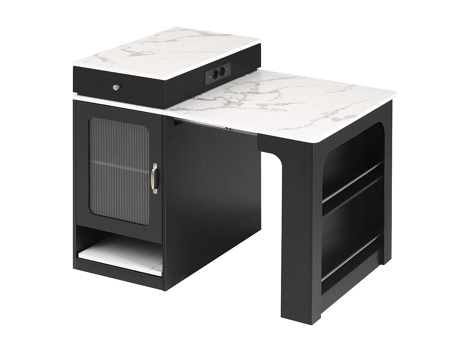 Table à manger extensible noir – Table avec 1 porte et 2 tiroirs – avec prise électrique et roulettes