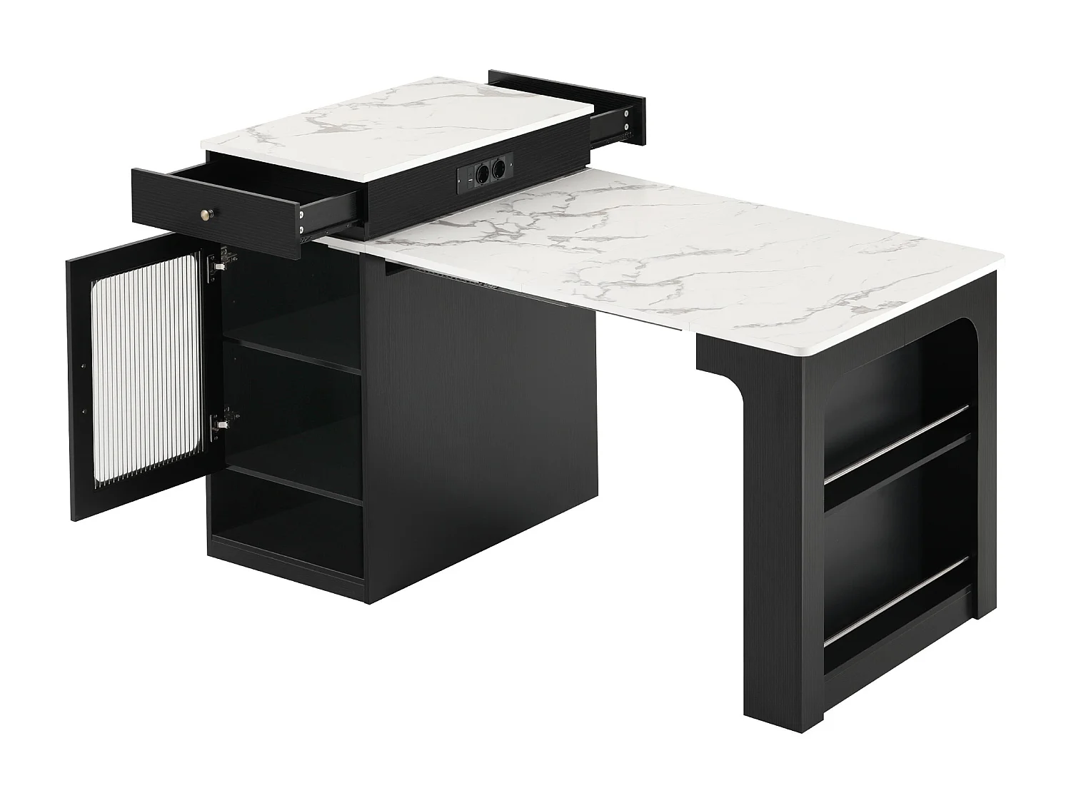 Table à manger extensible noir – Table avec 1 porte et 2 tiroirs – avec prise électrique et roulettes