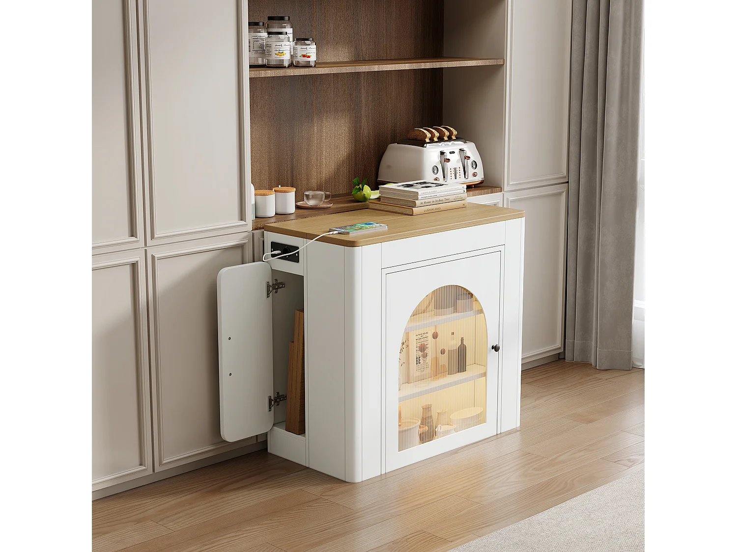 Table à manger extensible blanc – Table à 3 portes et 3 plateaux – avec prise électrique et roulettes